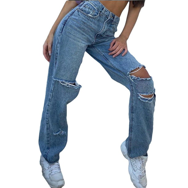 Musuos Women High Waisted Baggy Ripped Jeans Straight Wide Leg Trousers ...