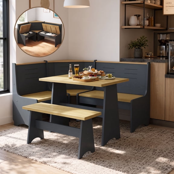 Breakfast Nook Kitchen Corner Dining Table Bench Chair Set, Space-Saving 3-4 Seat L-Shape Farmhouse Mid Century Modern Style for Family Home Black Wood