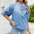 thumbnail image 5 of Hvot&aat Women's Bow Design Denim Pullover Mock Neck Puff Short Sleeve Tops Elegant Workwear Blouse, 5 of 7