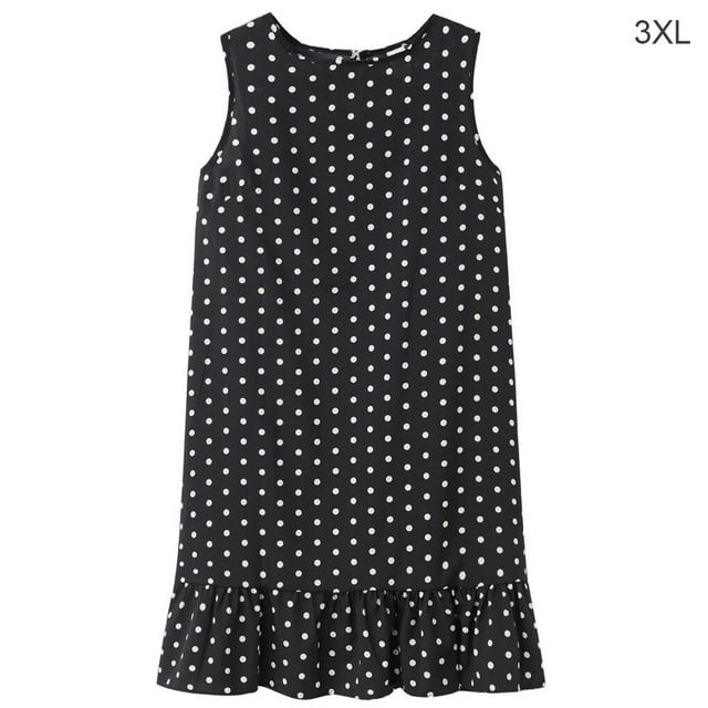 facefd Femmes Robe Sans Manches Dot Gilet Volanté Rond Tour de Cou Robe en Vrac Noir 3XL