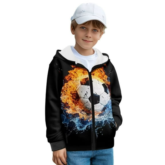KUIFORTI Cool Football Boys Sweaters 14-16 Years Fleece-Lined Hooded Sweatshirt for Boys with Pockets Cozy Thick Full Zip Up Casual Long Sleeve Jacket for Daily Life