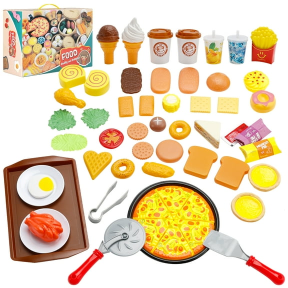 56 Pcs Pretend Play Food Toy for Kids Kitchen Aged 3 4 5, Fast Food Set, Pizza, Burger, Ice Cream, Cookie, Educational Birthday Toy Gift for Boys Girls