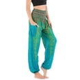 thumbnail image 4 of Defitshape Women's Harem Boho Pants Yoga Hippie Jogger Genie Pants with Pocket Smocked Waist Cool Summer Beach Trousers Bohemian Parachute Teal Elastic Waist High Waisted Patterned5 One Size, 4 of 5