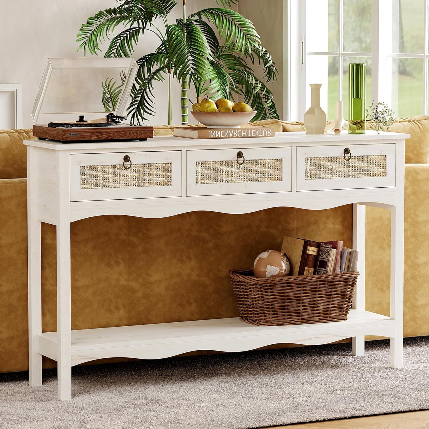 LAZZO 51” Boho Rattan Console Table, Narrow Entryway Table with 3 Drawers & Open Shelf, White