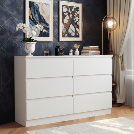 HSUNNS 6 Drawer Double Dresser White Storage Organizer Cabinet Chest for Bedroom Living Room