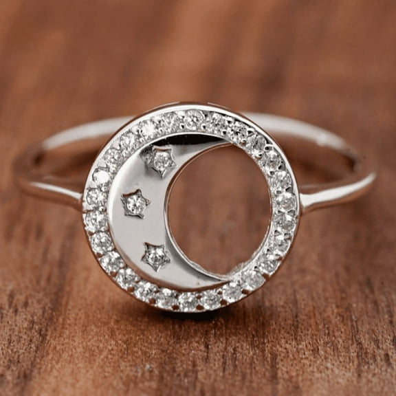 Oryn Jewelry 14K White Gold Plated Rings - 0.9 Ct Brilliant Round Cut Moissanite Bands - Star Design Half Moon Halo Jewelry - Teen Birthday Gifts for Her