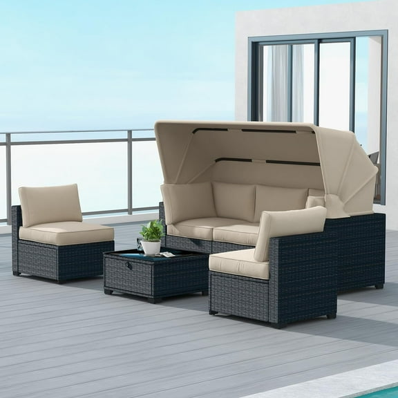 Luku Patio Furniture Set, 6 Pieces Outdoor Wicker Rattan Couch with Canopy, All-Weather Patio Set, Beige