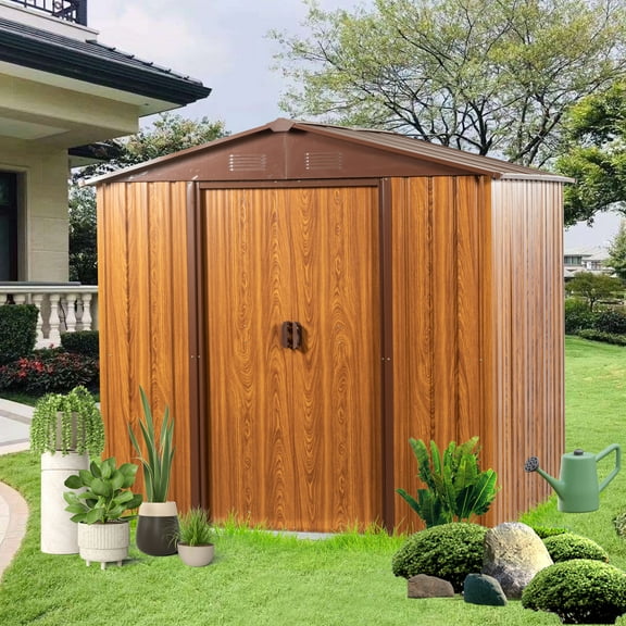 Witaxima 6 Ft. W x 6 Ft. D Metal Storage Shed with Woodgrain Horizontal Siding & Coffee Trim, Galvanized Steel, Yellow Brown, Easy Assembly, Padlock Included