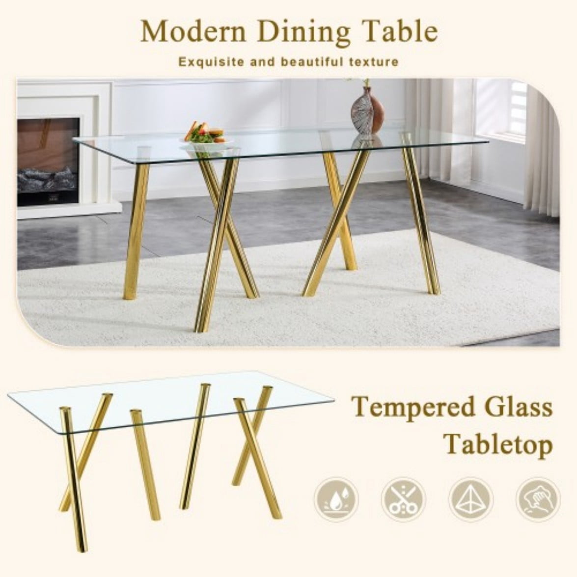 71" Tempered Glass Dining Table, Modern Large Kitchen Table with Sturdy Metal Legs, Round Edge Dining Room Table for Home & Family, Gold