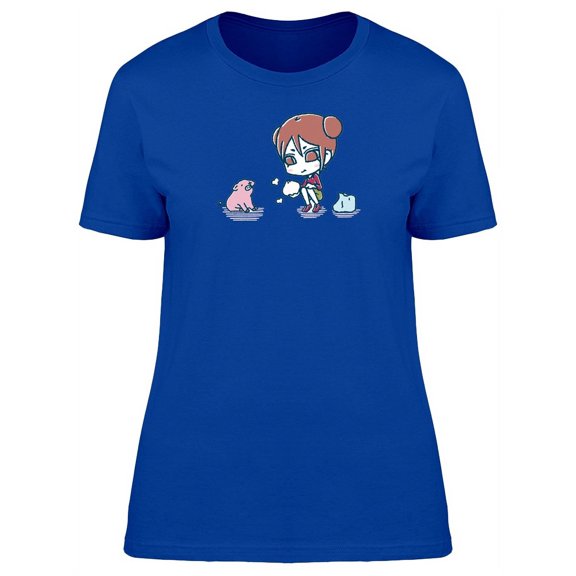 Girl And Piglet Pet Cartoon T-Shirt Women -Image by Shutterstock, Female Large