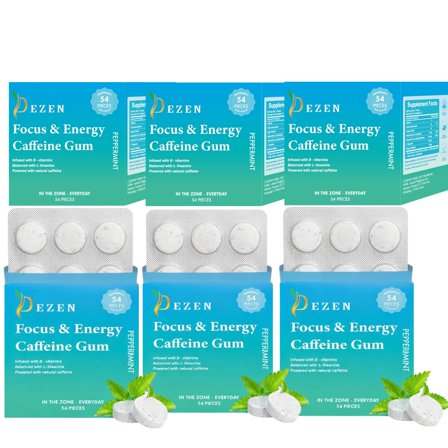 DEZEN Focus & Energy Caffeine Gum with L-Theanine, Caffeine, Vitamin B12 & B6, Nootropic, Peppermint Flavor, Pack 3
