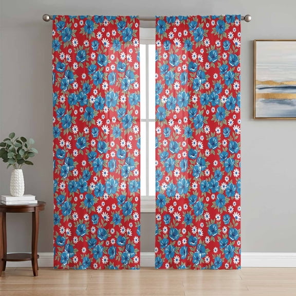 Red Blue Flowers Rustic Sheer Curtains 72 Inch Length 2 Panels Set, Farmhouse Botanical Floral Voile Window Treatment Rod Pocket Curtains Sheers Drapes for Bedroom/Living Room/Kitchen 52"x72"x2