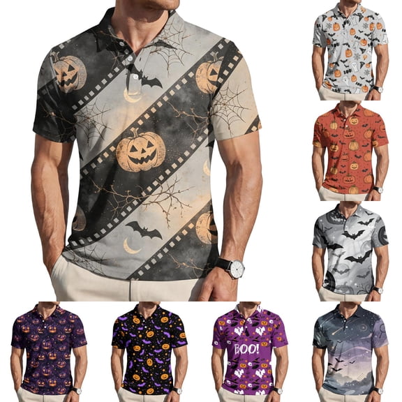 Halloween Shirts for Men Witch Hat Pumpkin Graphic Henley Fall T Shirt Spider Print Short Sleeve Vintage Fashion Tees S