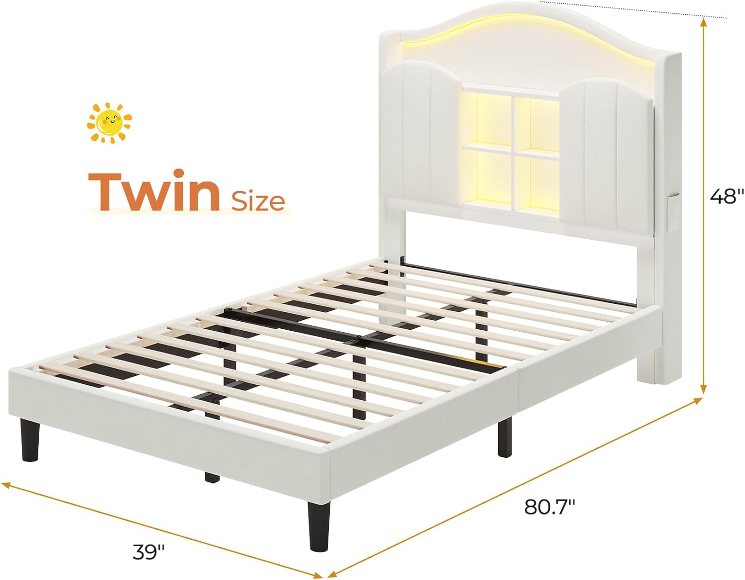 Afuhokles Twin Bed with LED Lights and Charging Station, Upholstered Storage Headboard Platform Bed Frame, White