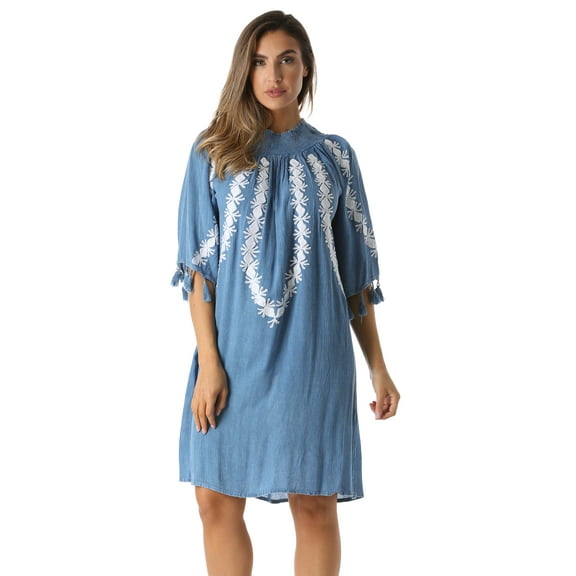 Riviera Sun Embroidered Casual Dress with Smocking Top (Denim / White, Small)