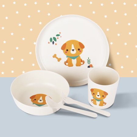 GIA Design Group Bamboo 5 Piece Dog Kids Dinnerware Set with Plates Bowls Tumbler Utensil