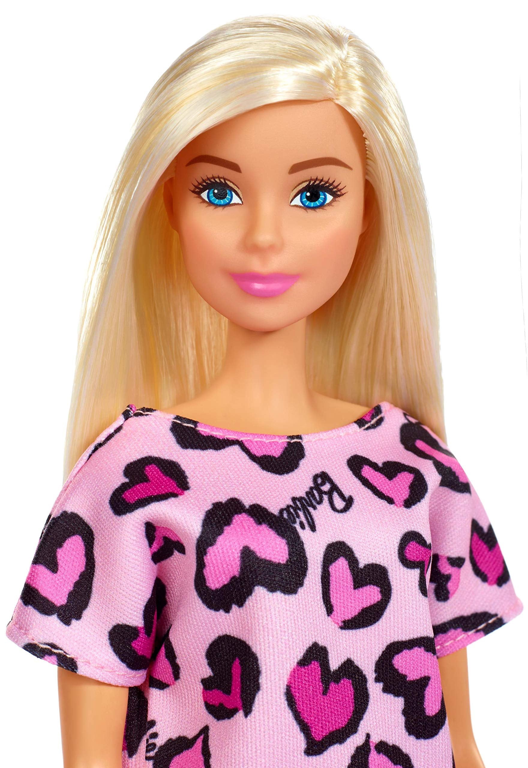 Barbie Doll, Blonde, Wearing Pink Heart-Print Dress And Shoes