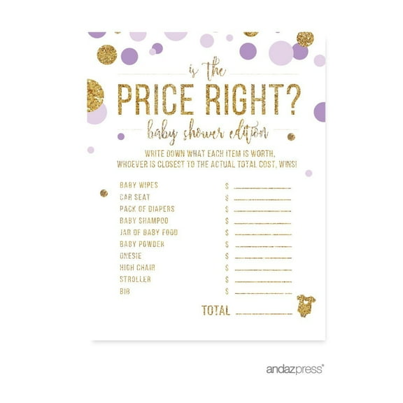 Is the Price Right Game Lavender Gold Glitter Baby Shower Games, 20-Pack