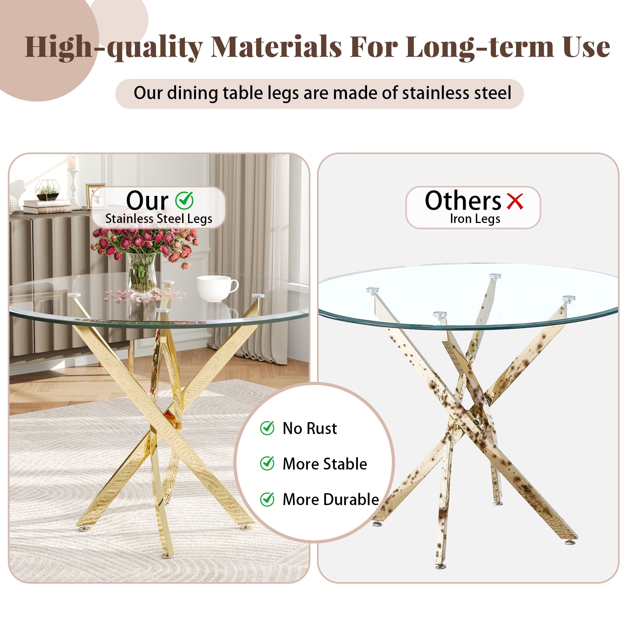 36" Round Glass Dining Table with Stainless Steel Legs, Modern Small Kitchen Table with Tempered Glass Top for Dining Room, Apartment, Kitchen