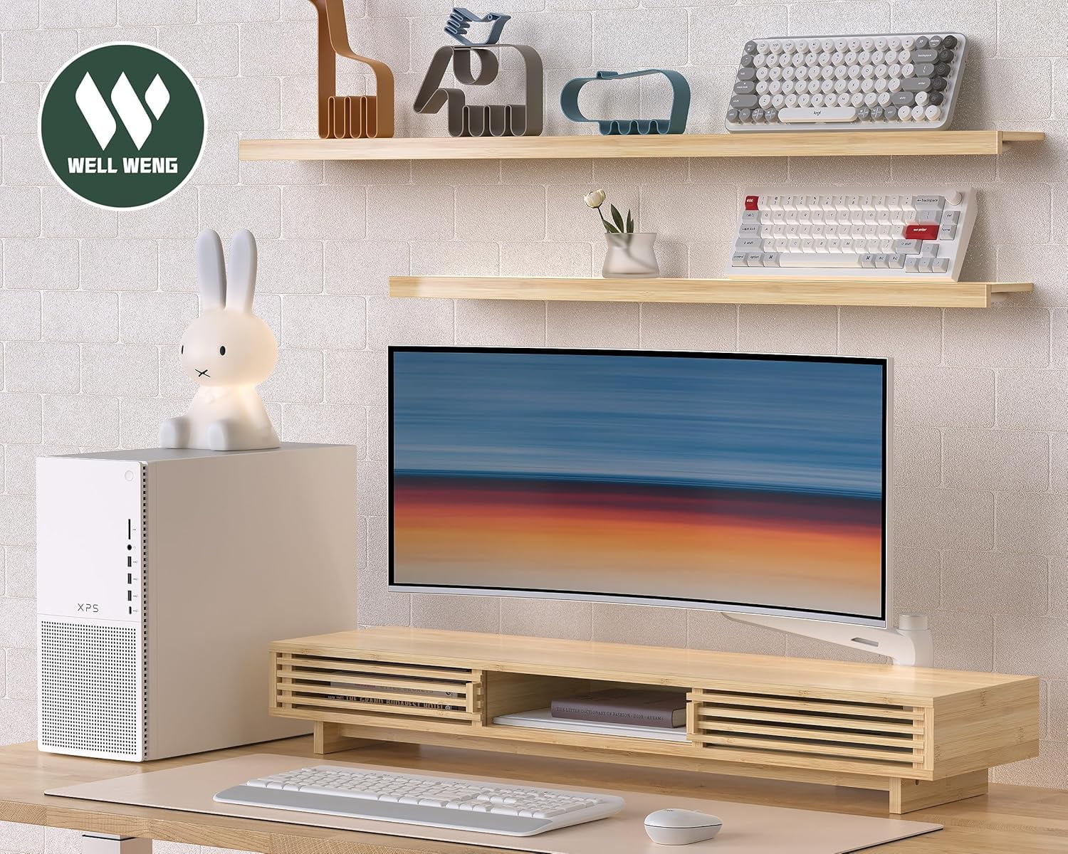 Dual Monitor Stand Riser with Sliding Door, Double Computer Laptop Desk Shelf Organizer Storage Natural  38 Inch