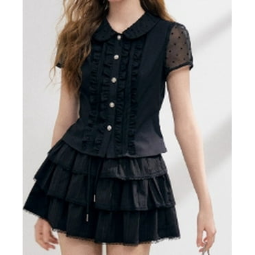 Summer New Niche Tops Black Organza Polka Dot Short Sleeve Blouse Women