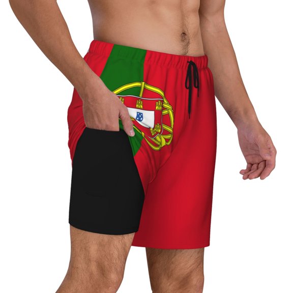 Mens Swim Trunks Portugal Flag Quick Dry Board Shorts with Compression Liner