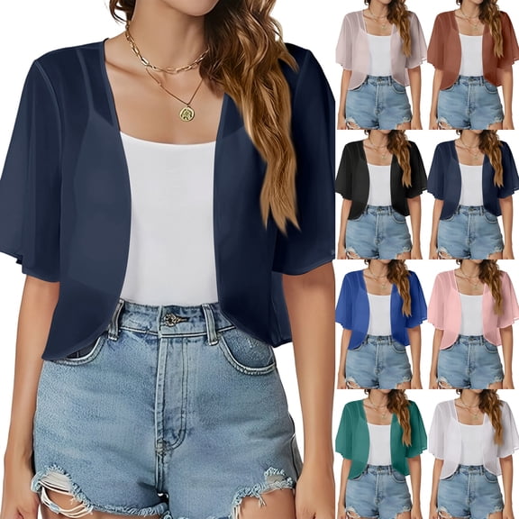 Women's 2026 Summer Chiffon Shrug Cardigans Open Front Short Sleeve Cropped Bolero Lightweight Sheer Cover Up for Evening Dress Wedding Party ,S,Navy