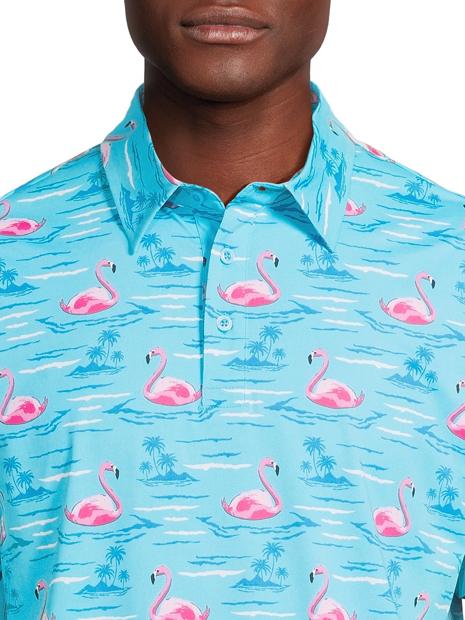Birdie Bound Men's and Big Men's Graphic Flamingo Print Golf Polo Shirt, Sizes S-3XL