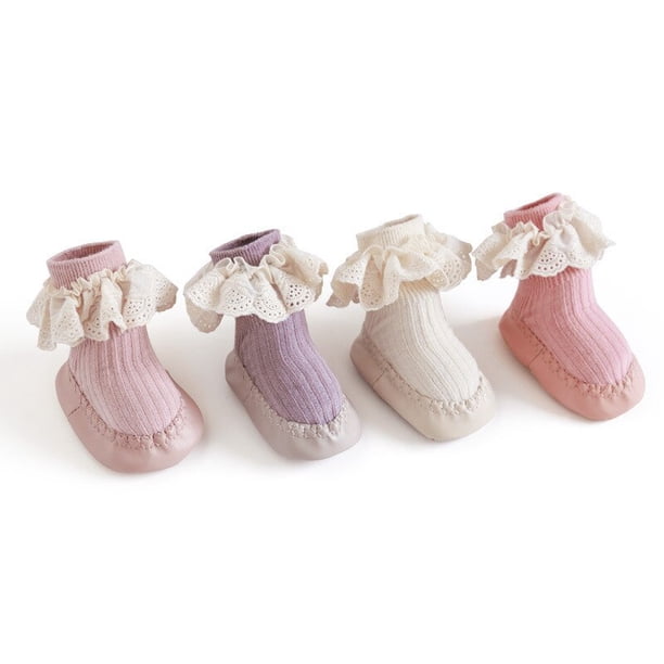 New Baby Ruffle Socks With Rubber Soles Infant Sock Newborn Autumn Children Floor Lace Flowers Shoes Anti Slip Soft Sole Sock4M(6-12M 12cm) He Qiyong unisex