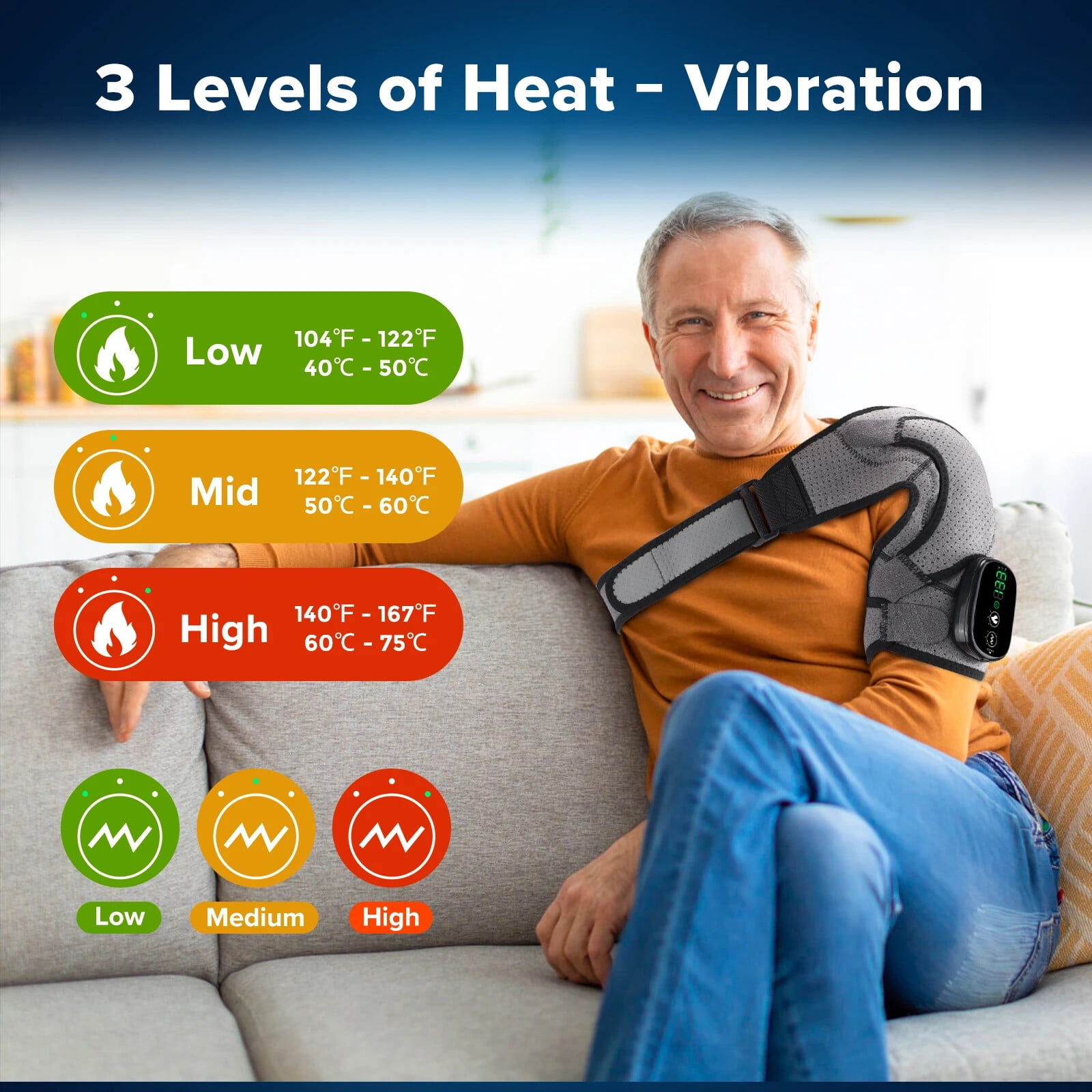 Heated Shoulder Brace Massage Rotator Cuff Support Compression Wrap, Electric Shoulder Heating Pad,5000mAh Rechargeable Black