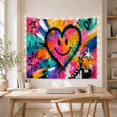 thumbnail image 5 of Crowned Smiley Heart in Pink Teal and Yellow Brushstrokes, Playful Abstract for Graffiti Fans, Colorful City Decor, Housewarming Gift, Tapestry Wall Hanging for Bedroom and Studio, 5 of 7