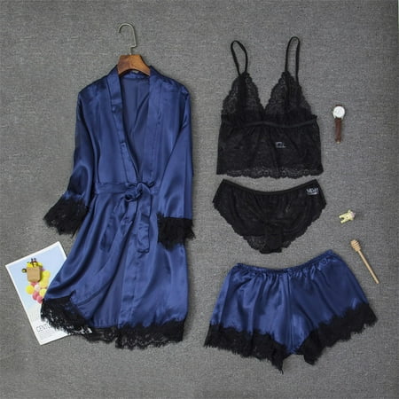 Kayannuo Sexy Lingerie For Women 4PCS Lingerie Suit Women Lace Patchwork Silk Satin Temptation Babydoll Underwear Underpants Shorts Sleepwear Nightgown Briefs Suit