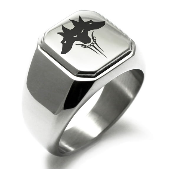 Stainless Steel Greek Mythology Cerberus Engraved Square Flat Top Biker Style Polished Signet Ring
