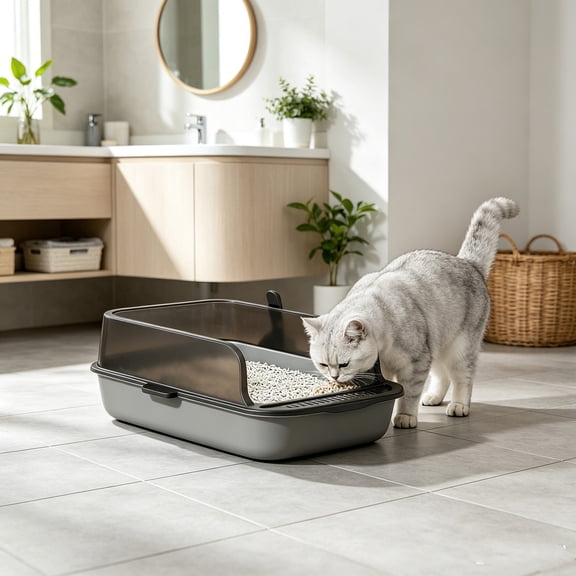 Open Top High Side Cat Litter Box, Semi Open Cats Litter Box, Anti-Splashing Cats Litter Pan,Kitten Toilet with Litter Sifting Scoop,Semi-Enclosed Removable Kittens Litter for Boxes Easy to Clean