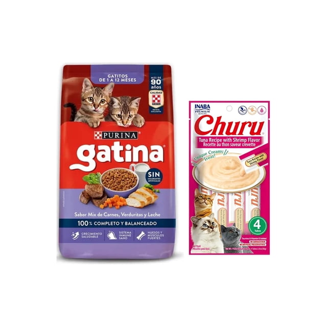Gatina Gatitos 7.5 Kg + Churu Atún con Camaron Sobre con 4 Tubos de 14 g