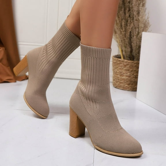 Roncen Women's Chunky Heel Ankle Boots - Breathable Mesh​​ Pointed Toe Stretch Sock Design Fashion Boots for Fall Winter, Casual Versatile Sweet Edgy Style