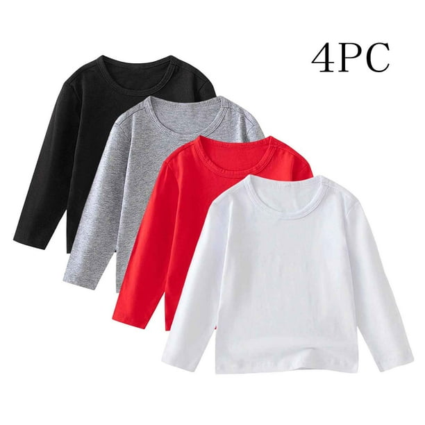 Blusas y camisas de manga larga con cuello redondo para niños pequeños, moda para niños, lindo color sólido, suave, top de manga larga, camiseta de cuello redondo, conjunto de cuatro piezas, top para