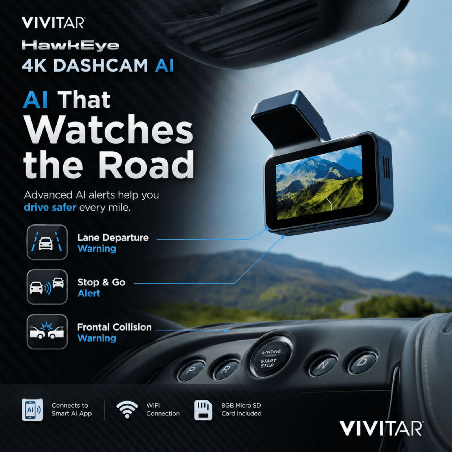 Vivitar HawkEye 4K AI Dash Cam with WiFi, Smart AI App, Front & Rear Collision Warnings, Lane Departure Alert, G-Sensor & 8GB MicroSD Card