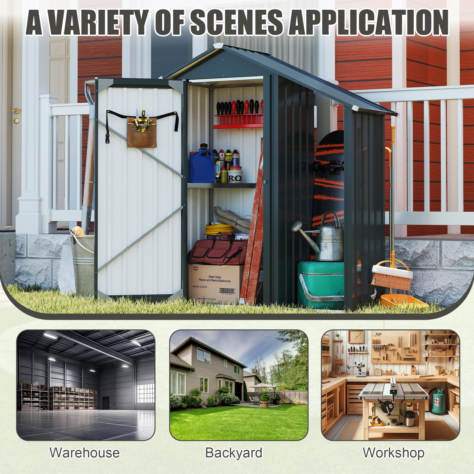 Metal Garden Shed, Small Outdoor Storage Shed with Lock, 2-in-1 Waterproof Galvanized Steel Tool Shed & Firewood Rack for Backyard, Patio, Dark Gray