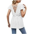 thumbnail image 3 of Scyoekwg Womens Tops Dressy Casual Round Neck Pleated Eyelet Shirts Summer Trendy Short Sleeve Elegant Tunic Shirts (White,XL), 3 of 4
