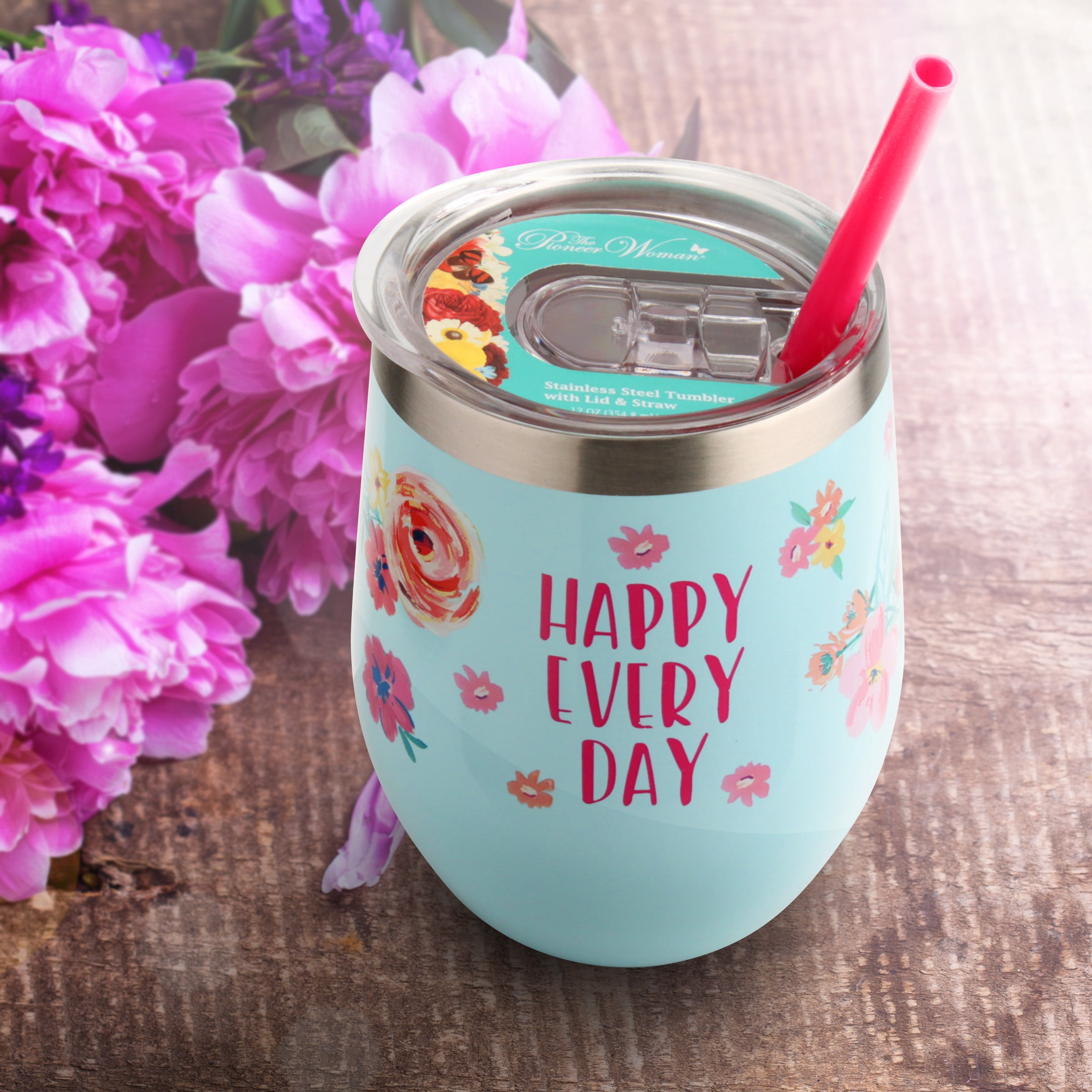 The Pioneer Woman Stainless Steel Blue and Pink Happy Everyday Wine Tumbler