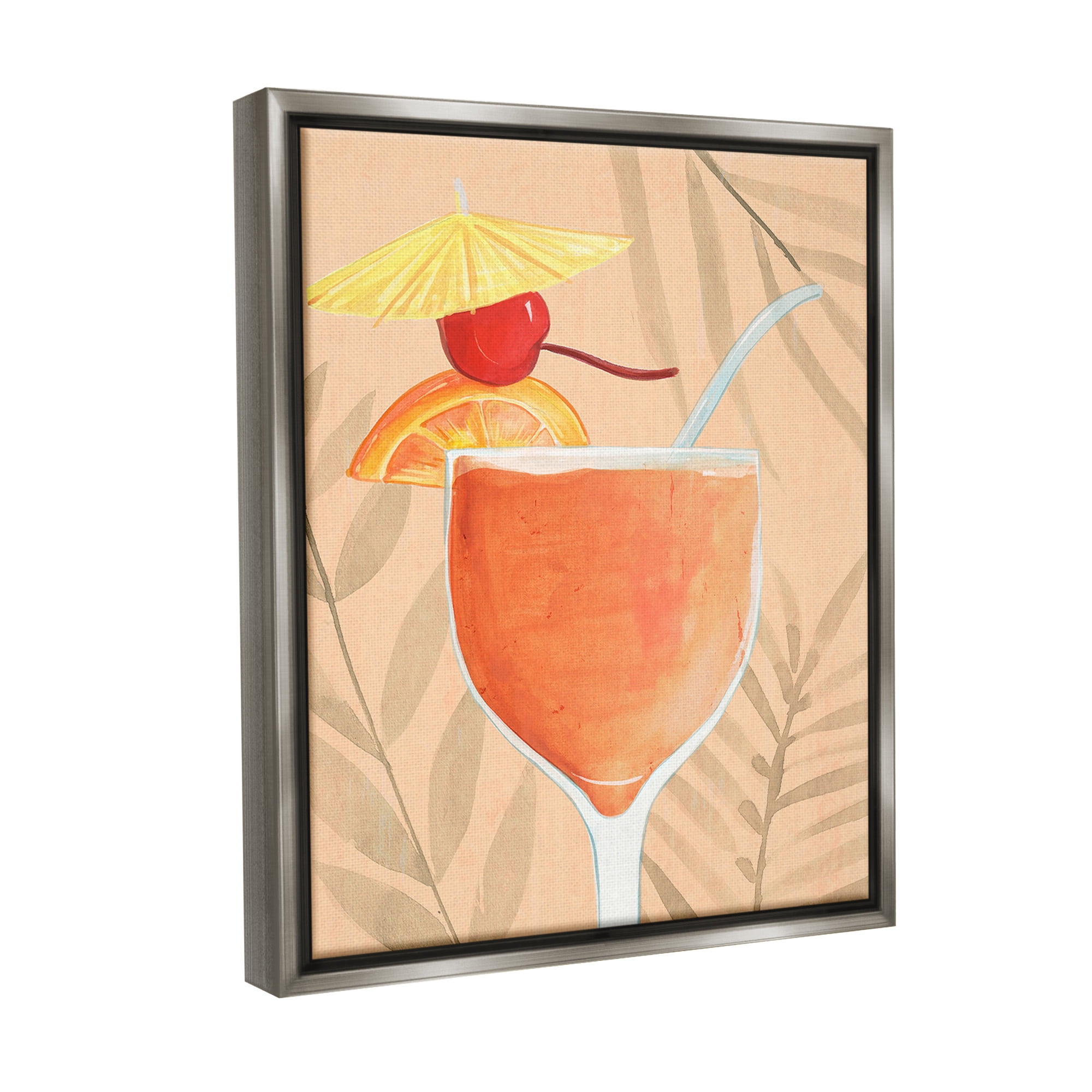 Stupell Industries Tropical Cocktail with Fruit Food & Beverage Painting Gray Floater Framed Canvas Art Print Wall Art, 17 x 21