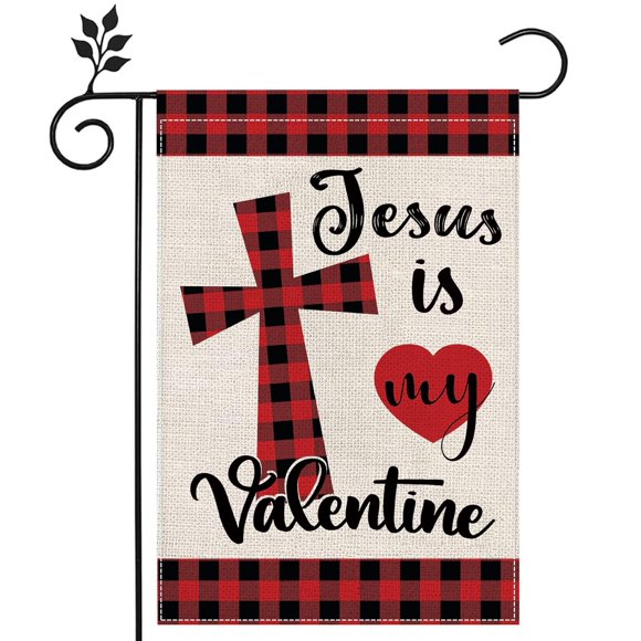 shiyou-Jesus Is My Valentine Garden Flag Double-Sided Waterproof Valentine's Day Yard Flag Red Black Buffalo Check Plaid Christian Garden Flag for Outdoor Home Farmhouse Decoration, 12.5 x 18 Inch