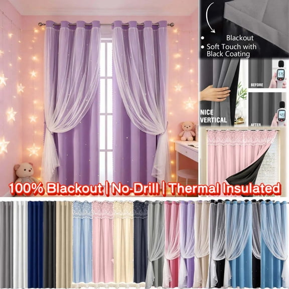 35.4"x39.3" No-Drill Double Layer Blackout Curtains with Lace Overlay, Thermal Insulated Room Darkening Drapes for Rental & Bay Windows, Noise Reducing Privacy Cover, AKLJWH
