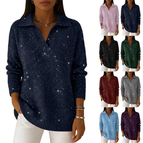 Women's Christmas Sparkly Sweaters Polo Collar Shiny Loose V Neck Warm Winter Party Knit Jumper, Dark Blue XL