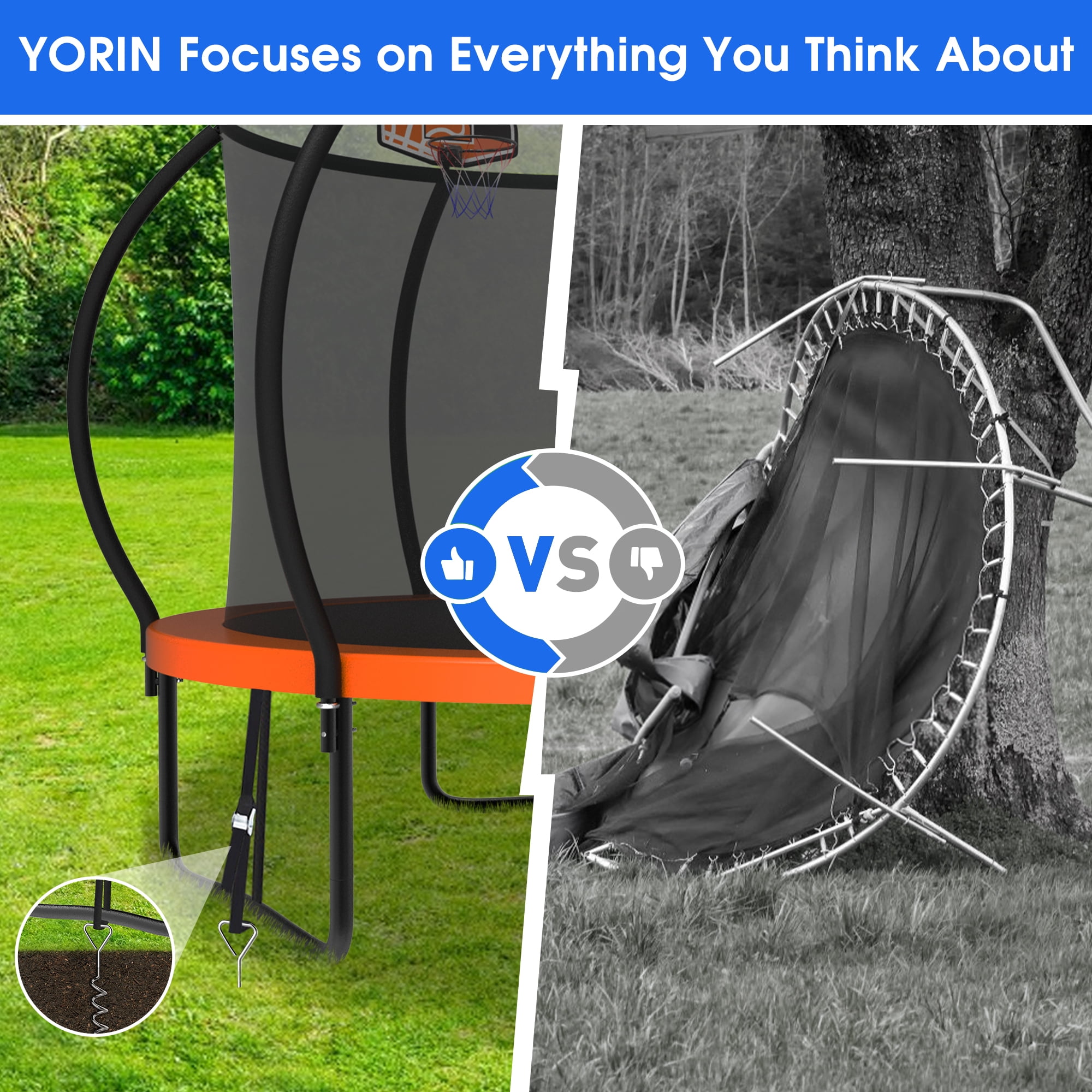 YORIN Trampoline for 3-4 Kids, 10FT Trampoline for Adults with Enclosure Net, Basketball Hoop, Ladder, 1000LBS Weight Capacity Outdoor Recreational Trampoline, Heavy Duty Trampoline