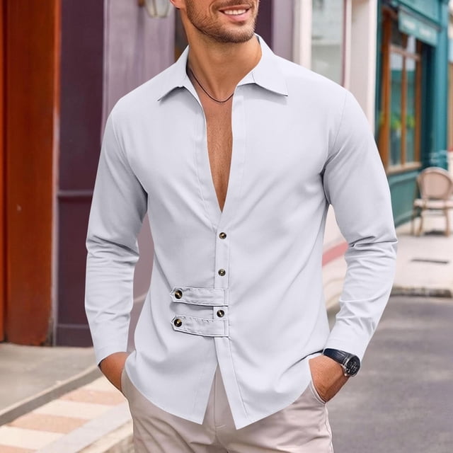 Ceisia Men's Relaxed Fit Stretch Long Sleeve Turndown Collar Shirt with Asymmetric Placket White L Gifts