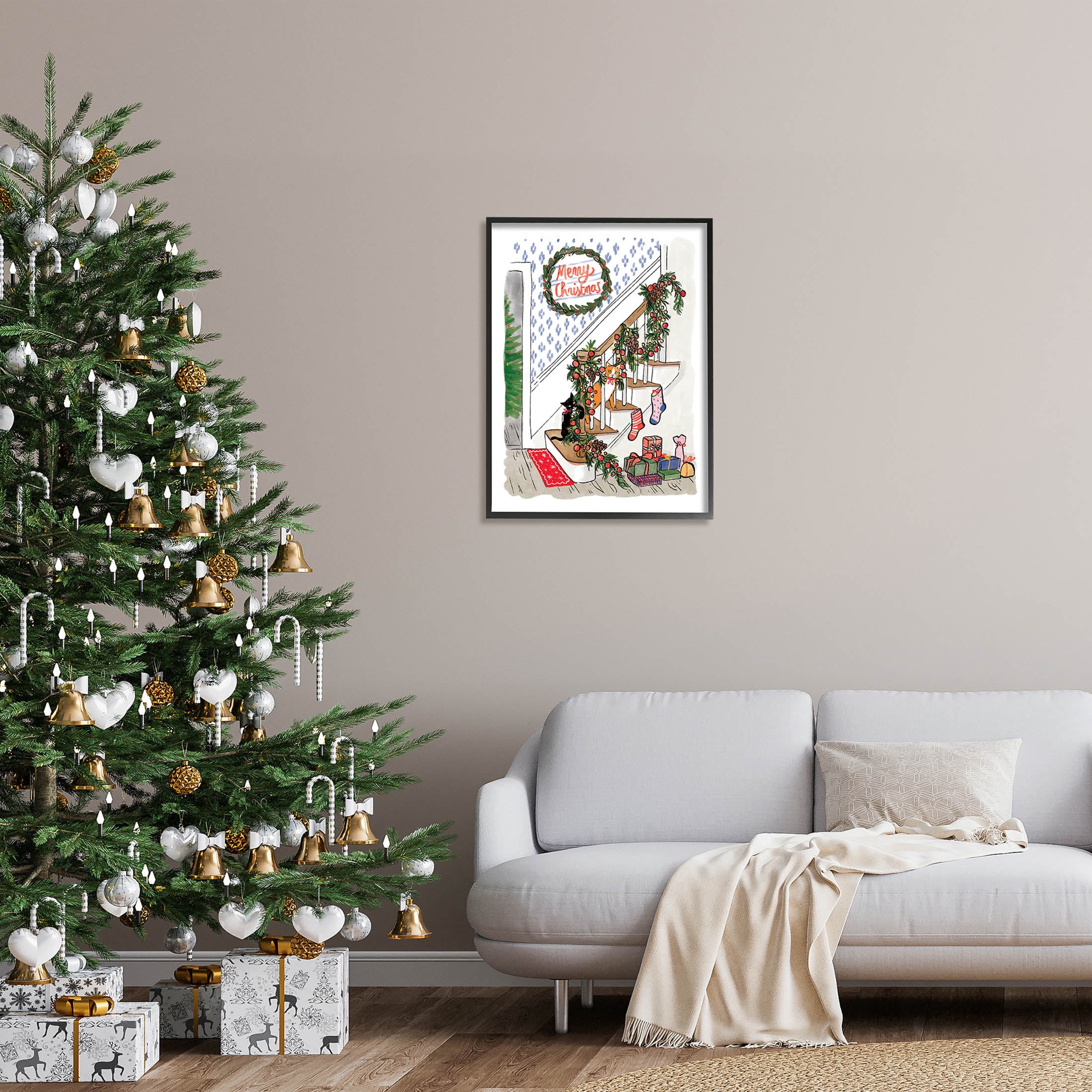 Merry Christmas Holiday Stairway Holiday Graphic Art Black Framed Art Print Wall Art