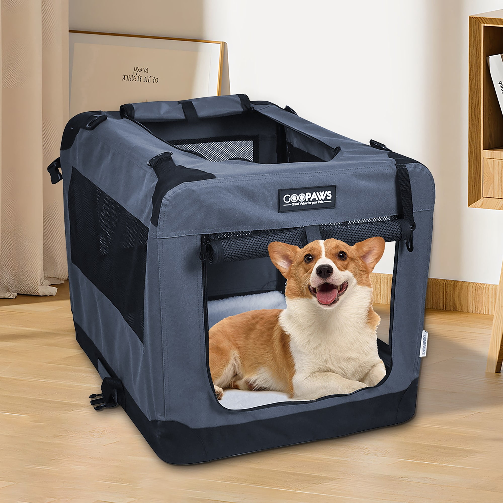JESPET & GOOPAWS: 27" Soft Pet Crate - Grey - Dogs & Cats Up to 35 lbs, 3 Door Folding Kennel, Indoor Outdoor Travel Carrier, Mesh Windows, Fleece Mat
