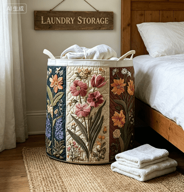Quilted Laundry Basket with Handles,Vintage Floral Quilted Storage Hamper,Foldable Clothes Toy Storage Baskets,Large Soft Fabric Laundry Basket for Nursery, Bedroom,Clothes & Toys(M)